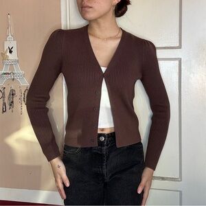 Brown Ribbed Women's Cardigan Sweater